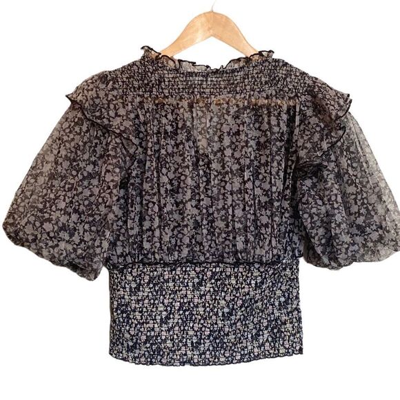 Free People Beatrice Floral Print Cross Tie Neck Ruffle Puff Sleeves Smocked Hem - Picture 6 of 9